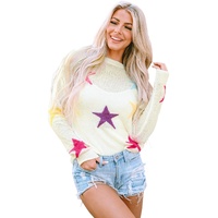 White Colorful Star Pattern Loose Sweater - M thumbnail