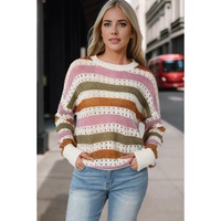 Multicolor Striped Hollowed Knitted Loose Sweater - L thumbnail