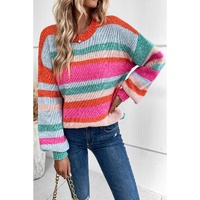 Multicolor Striped Knit Drop Shoulder Puff Sleeve Sweater - S thumbnail