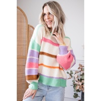 Multicolor Striped Colorblock Drop Shoulder Sweater - L thumbnail