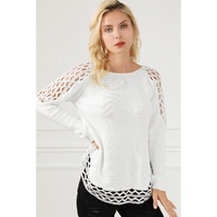 White Solid Scoop Neck Hollow Out Sweater - S thumbnail