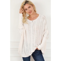 Beige Ribbed Hollow Knit Dolman Sleeve Sweater - M thumbnail