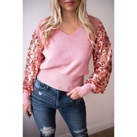 Pink Contrast Sequin Sleeve V Neck Ribbed Knit Sweater - M thumbnail