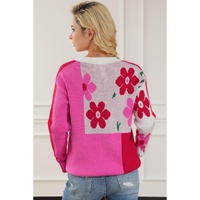 Rose Red Floral Mixed Color Block Sweater - L thumbnail