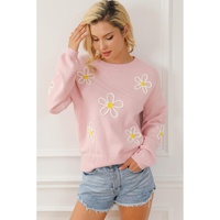 Pink Chenille Daisy Stitching Crew Neck Sweater - L thumbnail