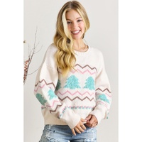 White Striped Christmas Tree Ribbed Trim Drop Shoulder Sweater - S thumbnail