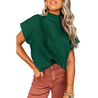 Blackish Green Patch Pocket Ribbed Knit Short Sleeve Sweater - L thumbnail