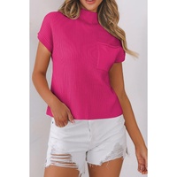 Rose Red Patch Pocket Ribbed Knit Short Sleeve Sweater - S thumbnail