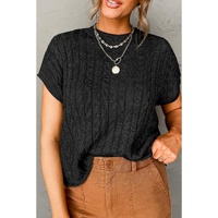 Black Crew Neck Cable Knit Short Sleeve Sweater - L thumbnail