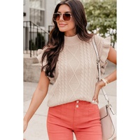 Parchment Cable Knit Mock Neck Cap Sleeve Sweater - XL thumbnail
