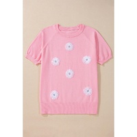 Pink Flower Pattern Short Sleeve Knitted Top - M thumbnail