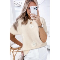 Beige Flower Pattern Short Sleeve Knitted Top - L thumbnail