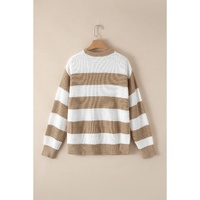 Light French Beige Colorblock Striped Drop Shoulder Side Slit Sweater - L thumbnail