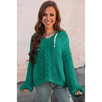 Sea Green Cable Knit V Neck Contrast Drawstring Hooded Sweater - S thumbnail