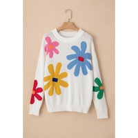 White Colorful Big Flower Pattern Crewneck Sweater - XL thumbnail