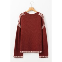 Red Dahlia Color Contrast Trim Drop Shoulder Crew Neck Sweater - S thumbnail