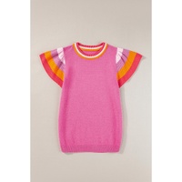 Bright Pink Contrast Flutter Sleeves Knitted Sweater T Shirt - M thumbnail