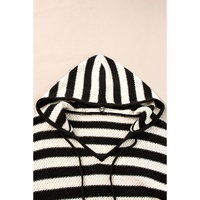 White Stripe V Neck Pocketed Drawstring Hooded Sweater - XL thumbnail