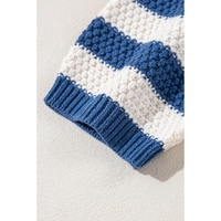 Blue Stripe V Neck Pocketed Drawstring Hooded Sweater - S thumbnail