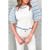 White Crochet Striped Bubble Sleeve Knit Sweater - S thumbnail