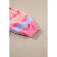 Rose Red Colorful Stripe Bubble Short Sleeve Sweater - M thumbnail