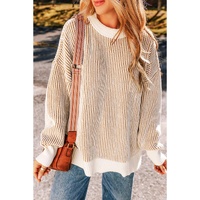 Chestnut Striped Textured Knit Contrast Edge Loose Sweater - L thumbnail