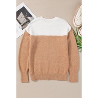 Straw Yellow Colorblock Ribbed Trim Round Neck Sweater - L thumbnail