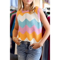 Multicolour Striped Colorblock Scalloped Hem Knitted Vest - L thumbnail