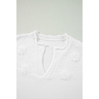 White Flower Detail Knitted Notched Neck Sweater - M thumbnail