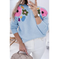 Light Blue Knitted Flower Pattern Ribbed Edge Sweater - M thumbnail