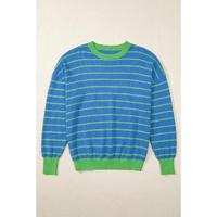 Sky Blue Stripe Trimmed Round Neck Drop Shoulder Loose Sweater - XL thumbnail
