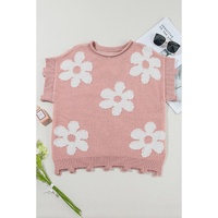 Light Pink Pearled Flower Distressed Edge Sweater T Shirt - L thumbnail
