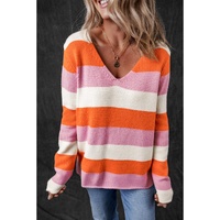Orange Stripe Colorblock V Neck Casual Sweater - L thumbnail