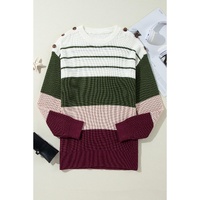 Green Color Block Striped Buttoned Shoulder Split Sweater - S thumbnail