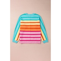 Yellow Stripe Gradient Striped Ribbed Edge Loose Sweater - M thumbnail