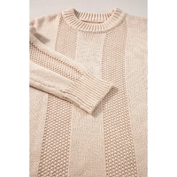 Pale Khaki Solid Color Cable Knit Ribbed Loose Sweater - L thumbnail