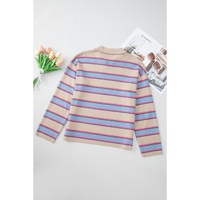 Apricot Stripe Collared V Neck Drop Shoulder Loose Sweater - L thumbnail