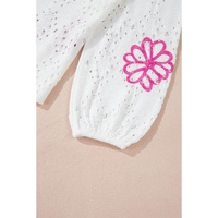 White Contrast Flower Print Eyelet Drop Shoulder Sweater - L thumbnail