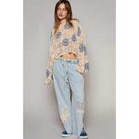 Beige Contrast Flower Print Eyelet Drop Shoulder Sweater - L thumbnail