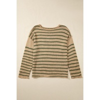 Khaki Stripe Drop Shoulder Casual Sweater - L thumbnail