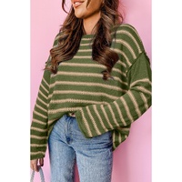 Green Stripe Drop Shoulder Casual Sweater - L thumbnail