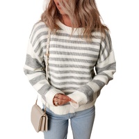 Gray Stripe Drop Shoulder Crew Neck Sweater - L thumbnail