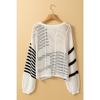 White Stripe Contrast Striped Crochet Puff Sleeve Sweater - XL thumbnail