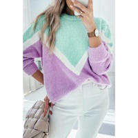 Green Chevron Colorblock Ribbed Knit Drop Shoulder Sweater - S thumbnail