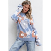Beau Blue Floral O Neck Drop Shoulder Knitted Sweater - S thumbnail