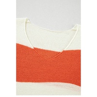 Orange Stripe Loose Color Block Drop Shoulder Bubble Sleeve Sweater - L thumbnail
