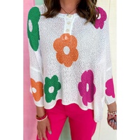 White Floral Print Buttoned Loose Lightweight Sweater - L thumbnail