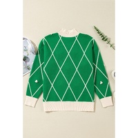 Dark Green Diamond Pattern Pom Accents Contrast Trim High Neck Sweater - S thumbnail