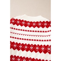 White Western Geometric Patterned Crew Neck Loose Sweater - L thumbnail