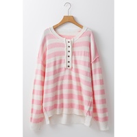 Pink Stripe Half Buttons Drop Shoulder Sweater - L thumbnail
